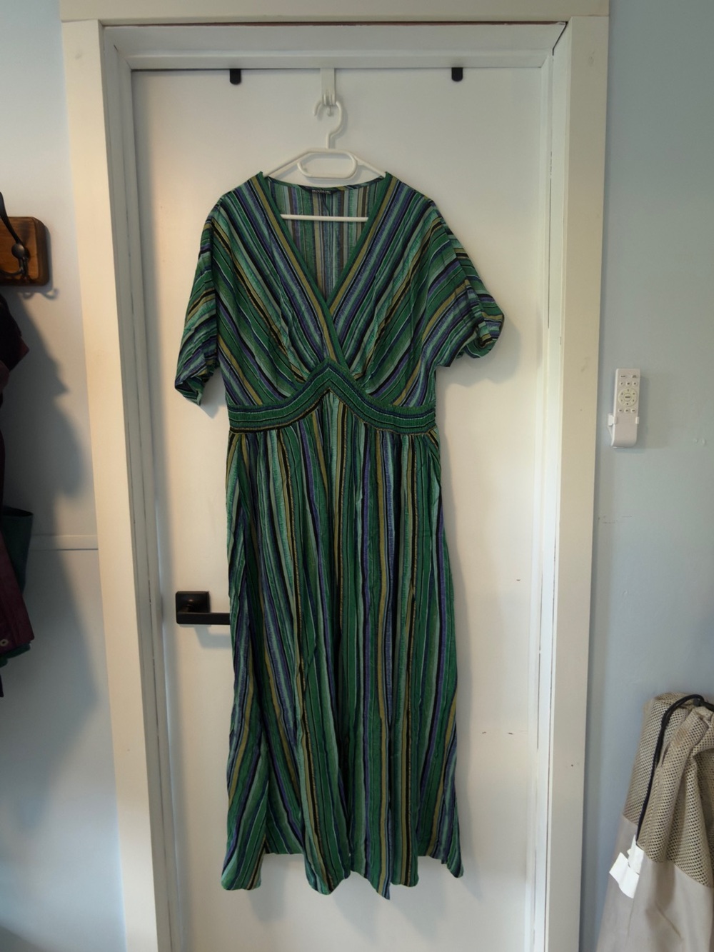 BloomChic Green and Blue Striped V-Neck Maxi Dress